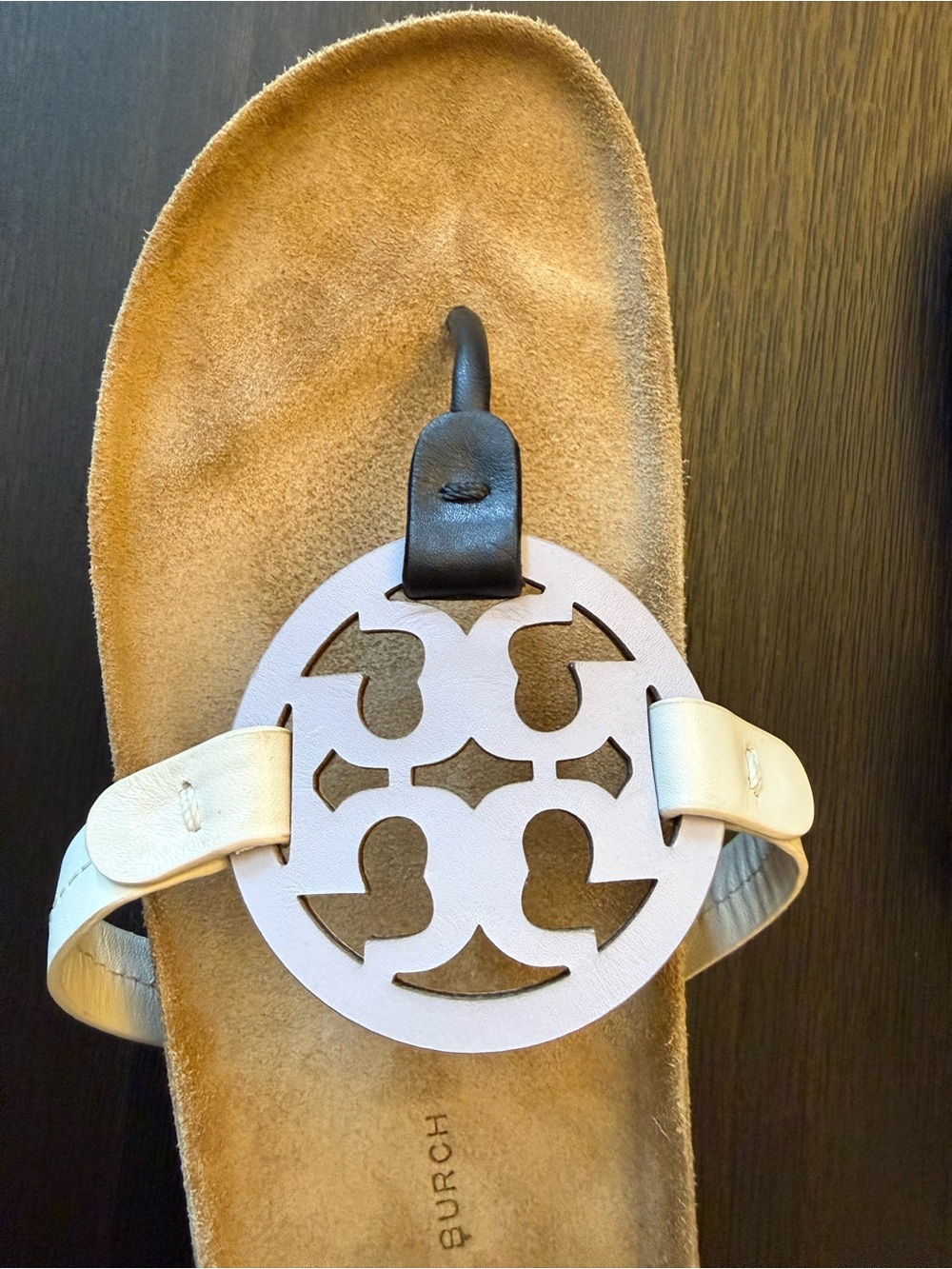Tory Burch Miller Cloud Lavender Ivory Black Sandals w/ Tan Suede Footbed - Picture 5 of 7